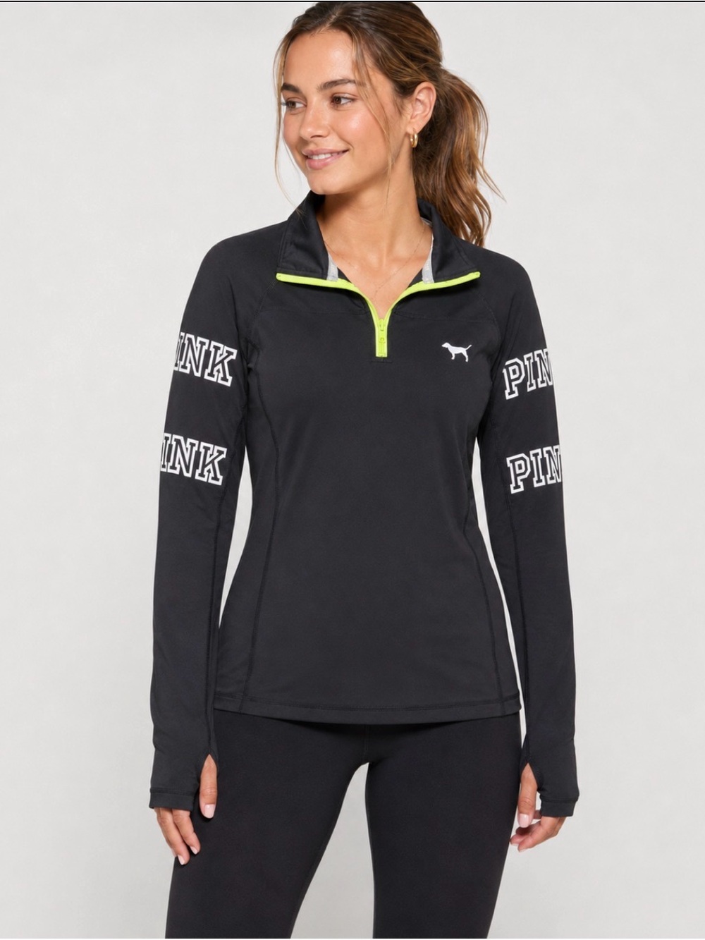 PINK Victoria's Secret Black Quarter-Zip Pullover with Neon Trim